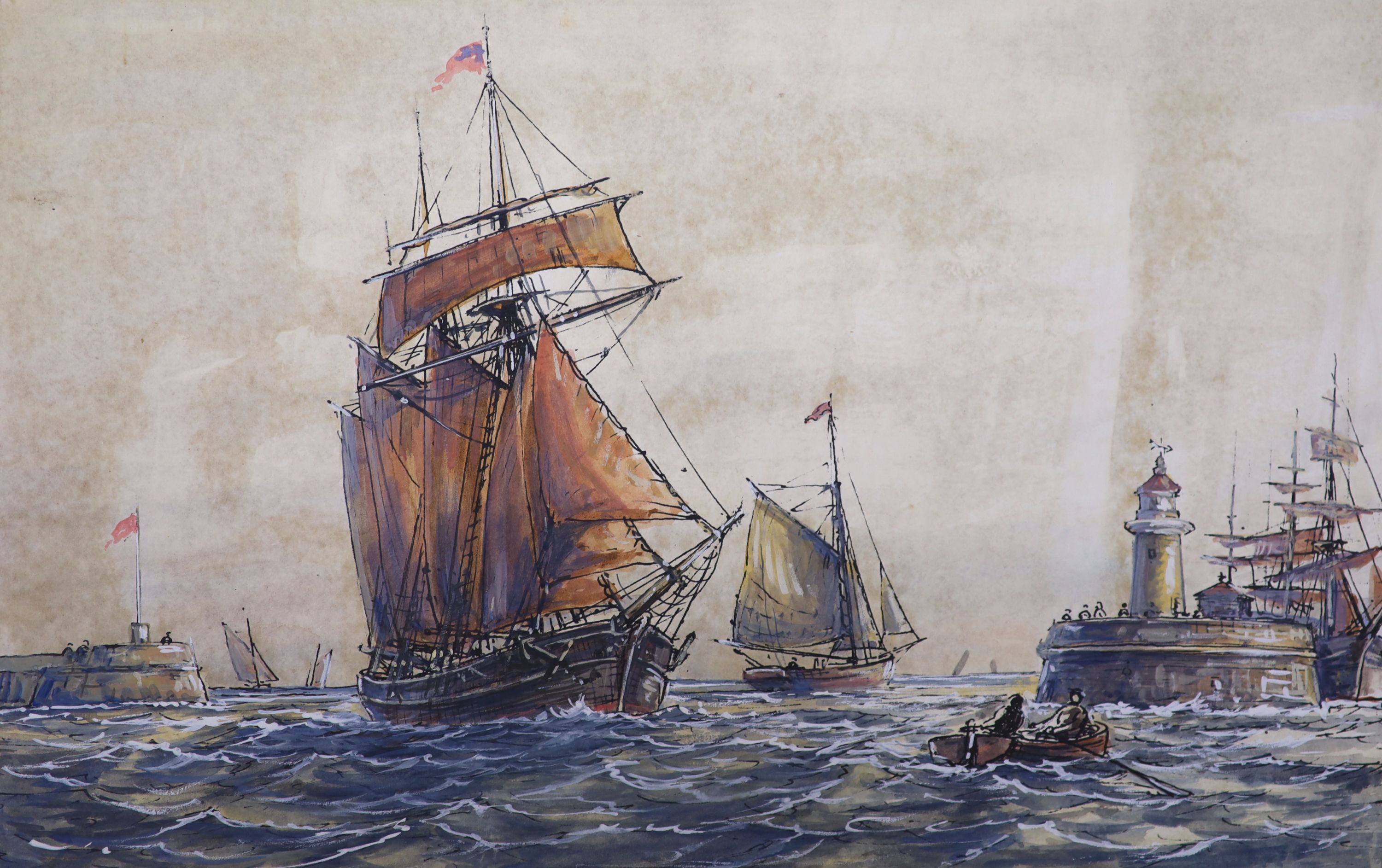 Max Parsons A.R.C.A. (1915-1998), a group of five watercolour drawings of sailing clippers and other vessels at sea, some signed, one dated 1982, unframed, 37 x 28cm (largest)